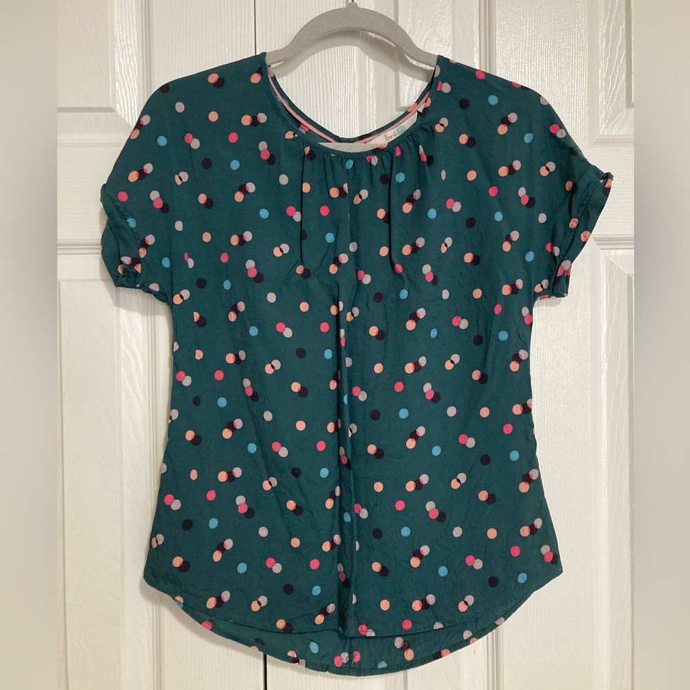 Boden | Green polk dot silk-blend blouse.